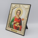 Икона великомученика Пантелеимона, пластмассовый киот 15x18 см, на подставке — изображение 2